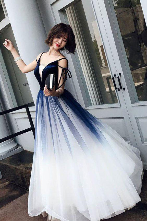 Blue Ombre Long Tulle Prom Dress Unique V Neck Sleeveless Party Dresse cathyprom Blue Ombre Long Tulle Prom Dress Unique V Neck Sleeveless Party Dresse cathyprom