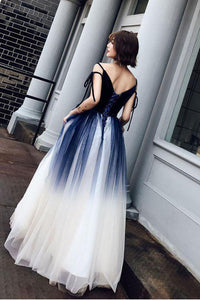 Blue Ombre Long Tulle Prom Dress Unique V Neck Sleeveless Party Dresses Dance Dress PD15