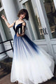 Blue Ombre Long Tulle Prom Dress Unique V Neck Sleeveless Party Dresses Dance Dress PD15