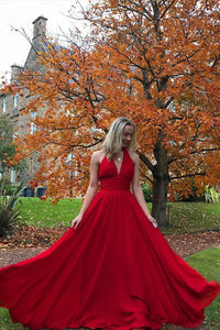Simple Charming A Line V Neck Sleeveless Backless Red Long Chiffon Prom Dresses Evening Dress OHC321 | Cathyprom