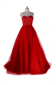 Modern Sweetheart Ball Gown Sweep Train Satin Tulle Red Prom Dress Z35