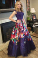 A-Line Round Floor-Length Dark Blue Floral Prom Dress with Beading OHC063 | Cathyprom