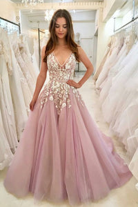 A-Line V-Neck Sweep Train Pink Tulle Prom Dress with Appliques OHC044 | Cathyprom