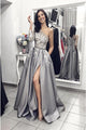 A-Line One-Shoulder Long Sleeve Sweep Train Grey Appliqued Prom Dress with Pockets Split LPD24