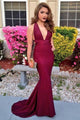 Mermaid Deep V-neck Sleeveless Sweep Train Burgundy Backless Prom Dress P93 | Cathyprom