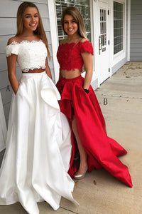 Two Piece Off-the-Shoulder Short Sleeves White Prom Dress with Lace Pockets OHC020 | Cathyprom