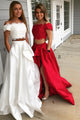 Two Piece Off-the-Shoulder Short Sleeves White Prom Dress with Lace Pockets OHC020 | Cathyprom