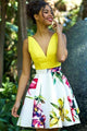 Cute Floral Print Homecoming Dresses V neck Chic Sleeveless Satin Short Prom Dress Party Dress OHM110 | Cathyprom