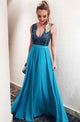 A-Line Deep V-Neck Blue Chiffon Backless Prom Dress with Appliques Q41