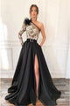A-Line One-Shoulder Black Appliqued Split Long Prom Dress with Pockets Feathers LPD23