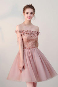 Chic Homecoming Dress Off-the-shoulder Beading Short Sleeves Tulle Short Prom Dress Party Dress OHM109 | Cathyprom
