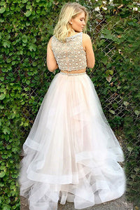 Two Piece Bateau Sweep Train White Tulle Sleeveless Prom Dress with Beading Z7