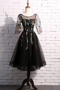 Elegant Lace Homecoming Dress Scoop A-line Embroidery Short Black Prom Dress Party Dress OHM177