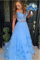 Two Piece Blue Prom Dress Off-The-Shoulder A Line Long Graduation Gown 2020 LPD2