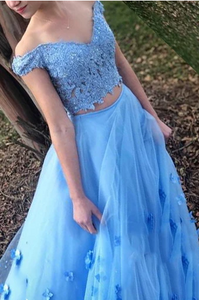 Two Piece Blue Prom Dress Off-The-Shoulder A Line Long Graduation Gown 2020 LPD2