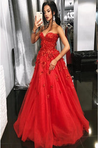 A-Line Sweetheart Sweep Train Red Prom Dress with Appliques Beading D7