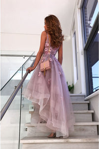 A-Line Spaghetti Straps High Low Lilac Prom Party Dress with Flowers PD5