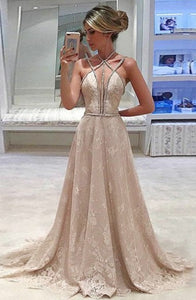 A-Line Cross Neck Sweep Train Criss-Cross Straps Champagne Lace Beaded Prom Dress Q33
