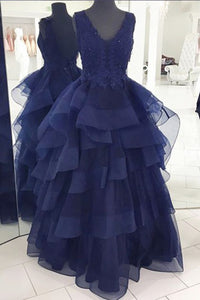A-Line V-Neck Floor-Length Backless Navy Blue Organza Prom Dress with Appliques Beading P20