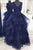 A-Line V-Neck Floor-Length Backless Navy Blue Organza Prom Dress with Appliques Beading P20