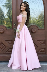 Two Piece V-Neck Cold Shoulder Pink Satin Sleeveless Prom Dress with Beading Q19