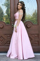 Two Piece V-Neck Cold Shoulder Pink Satin Sleeveless Prom Dress with Beading Q19