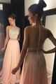 A-Line Jewel Sweep Train Pearl Pink Chiffon Sleeveless Prom Dress with Beading L30