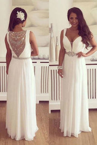 Charming V-Neck Sleeveless Illusion Back Floor Length White Prom Dress with Beading Belt LPD46 | Cathyprom