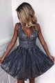 Stylish A Line Deep V Neck Sleeveless Open Back Beading Short Sequins Homecoming Dresses Beading OHM096 | Cathyprom