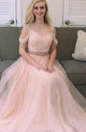 Two Piece Spaghetti Straps Cold Shoulder Pearl Pink Tulle Appliques Beaded Prom Dress Q2