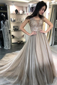 A-Line V-Neck Sweep Train Light Grey Prom Dress with Beading D9