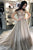 A-Line V-Neck Sweep Train Light Grey Prom Dress with Beading D9