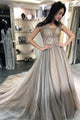 A-Line V-Neck Sweep Train Light Grey Prom Dress with Beading D9