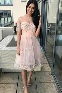 A-Line Crew Short Sleeves Pink Tulle Homecoming Dress with Embroidery OHM081 | Cathyprom