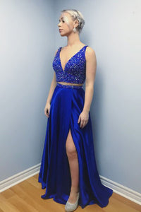 Two Piece V-Neck Sweep Train Royal Blue Prom Dress with Beading Split L10