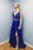 Two Piece V-Neck Sweep Train Royal Blue Prom Dress with Beading Split L10
