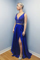 Two Piece V-Neck Sweep Train Royal Blue Prom Dress with Beading Split L10