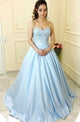 A-Line Sweetheart Court Train Blue Satin Prom Dress with Appliques Pockets Q13