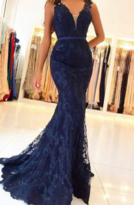 Mermaid V-Neck Sweep Train Navy Blue Lace Prom Dress with Appliques Z40