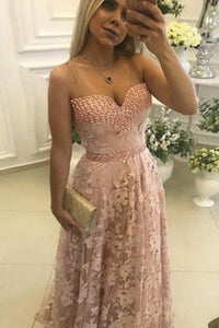 A-Line Scoop Sweep Train Pink Lace Open Back Sleeveless Prom Dress with Beading C23