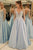 A-Line Deep V-Neck Floor-Length Long Sleeves Light Blue Satin Backless Beaded Prom Dress Q21