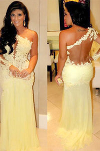 Mermaid Long Sleeves Lace Illusion Back One Shoulder Sweep Train Prom Dress P57