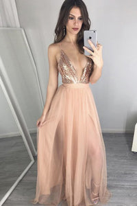 A-line Deep V-neck Floor Length Peach Prom Dress with Pleats Sequins LPD32 | Cathyprom