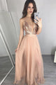 A-line Deep V-neck Floor Length Peach Prom Dress with Pleats Sequins LPD32 | Cathyprom
