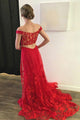 A-Line Off-the-Shoulder Sweep Train Red Lace Sleeveless Prom Dress Z2