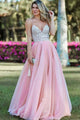 A-Line Spaghetti Straps Backless Pink Organza Long Prom Dress with Beading Sequins D23