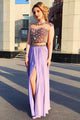Two Piece Jewel Cap Sleeves Lavender Chiffon Prom Dress with Beading OHC077 | Cathyprom