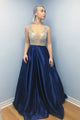 A-Line V-Neck Backless Sweep Train Dark Blue Satin Prom Dress with Beading L11