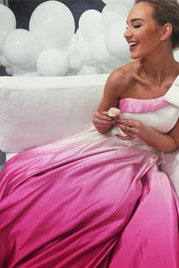 A-Line One-Shoulder Sweep Train Satin Prom Dress with Pockets Bowknot OHC167 | Cathyprom