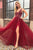 A-Line V-Neck Backless Sweep Train Burgundy Prom Dress with Beading Split L7